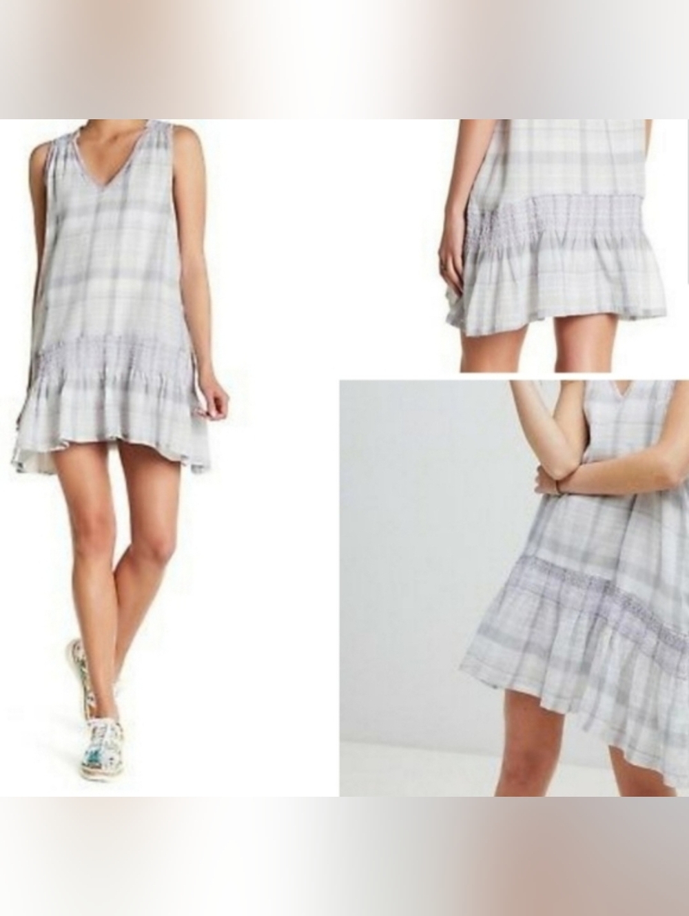 Free People  Run With Me Plaid Sleeveless Mini Dress Oversized Boho Style Dress